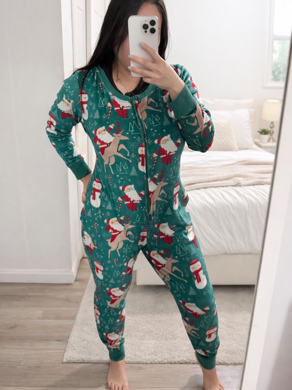 Xhilaration Green Holiday  One-Piece with Santa & Reindeer Print